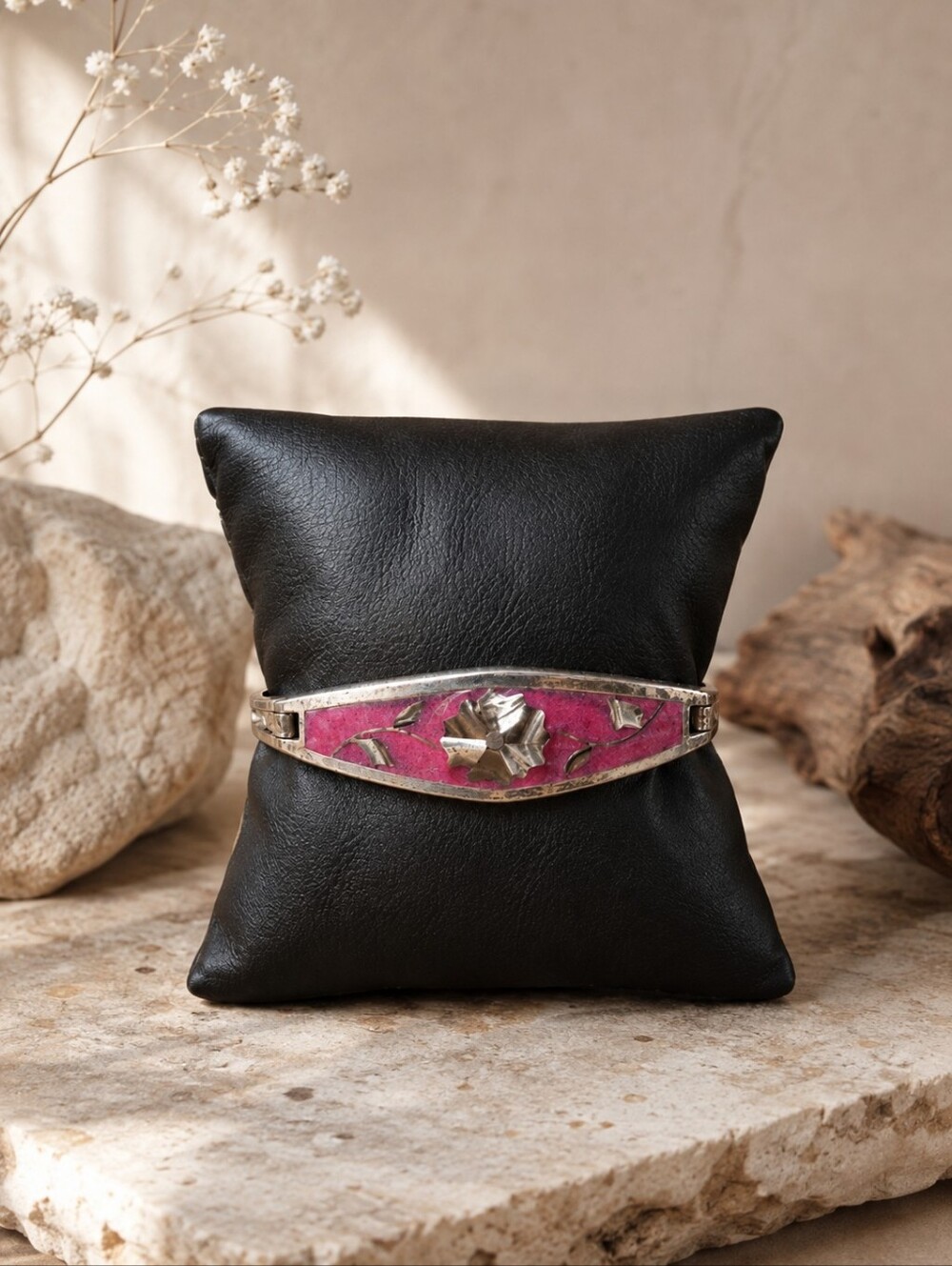 Vintage Alpaca Mexico Bangle Bracelet Flower Pink Enamel Mother Of…